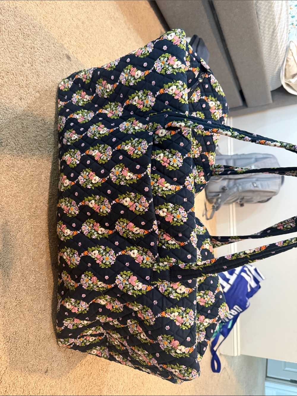 Vera Bradley Navy Quilted Tote with Pink Floral Print